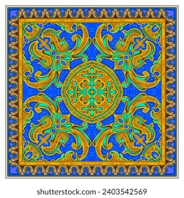 Azulejos - Portuguese Dutch and oriental tile in shades of blue and yellow colors pattern. Baroque Vector mosaic. Rococo ornament. Traditional GOA tribal ornament. Capri Maiolica