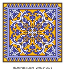 Azulejos - Portuguese Dutch and oriental tile in shades of blue and yellow colors pattern. Baroque Vector mosaic. Rococo ornament. Traditional GOA tribal ornament. Capri Maiolica