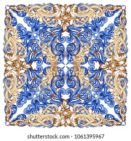 Azulejos Portuguese Dutch tile in shades of blue and yellow colors pattern. Baroque tiles. Vector Baroque. Rococo