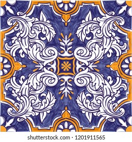 Azulejos Portuguese Dutch tile in shades of blue and yellow colors pattern. Baroque tiles. Vector illustration