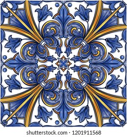 Azulejos azulejos holandeses en tonos azules y amarillos. Baldosas barrocas. Ilustración del vector