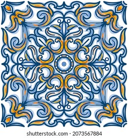 Azulejos Portuguese Dutch tile in shades of blue and yellow colors pattern. Baroque tiles. Vector illustration