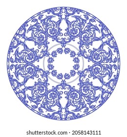 Azulejos - Portuguese round blue watercolor pattern. Traditional tribal ornament. Capri Maiolica. Delft Blue and White