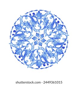 Azulejos - Portuguese round blue watercolor pattern. Traditional tribal ornament. Capri Maiolica. Delft Blue and White