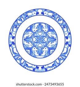 Azulejos - Portuguese round blue watercolor pattern. Traditional tribal ornament. Capri Maiolica. Delft Blue and White