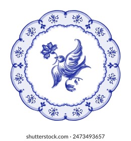 Azulejos - Portuguese round blue watercolor pattern. Traditional tribal ornament. Capri Maiolica. Delft Blue and White