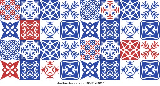 Azulejos Portuguese style tiles. Blue and red tiles from Portugal.