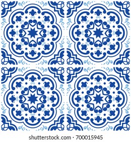 Azulejos Portuguese tile floor pattern, Lisbon seamless indigo blue tiles, vintage geometric ceramic design, Spanish vector background