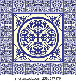 Azulejos portuguese tiles, azulejo vector pattern. Ceramic tile pattern, Porcelain background design, blue and white floral decor vector illustration. For wrapping paper, wallpaper, fabric, textile