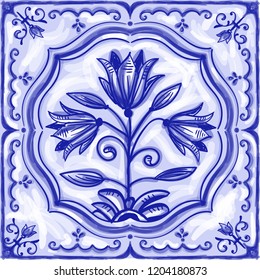 Azulejos - Portuguese tiles blue watercolor pattern. Traditional tribal ornament. Vector imitation of ceramics