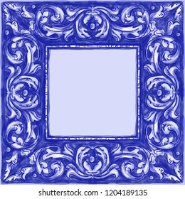 Azulejos - Portuguese tiles blue watercolor pattern. Traditional tribal ornament. Vector imitation of ceramics