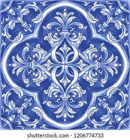 Azulejos - Portuguese tiles blue watercolor pattern. Traditional tribal ornament. Vector imitation of ceramics