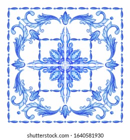 Azulejos - Portuguese tiles blue watercolor pattern. Traditional tribal ornament. Vector imitation of ceramics