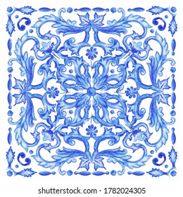 Azulejos - Portuguese tiles blue watercolor pattern. Traditional tribal ornament. Capri Maiolica