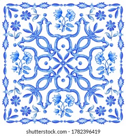 Azulejos - Portuguese tiles blue watercolor pattern. Traditional tribal ornament. Capri Maiolica