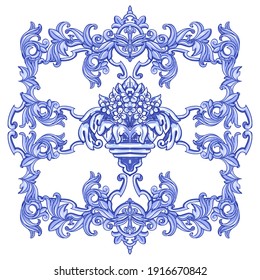 Azulejos - Portuguese tiles blue watercolor pattern. Traditional tribal ornament. Capri Maiolica