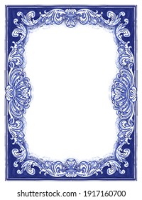 Azulejos - Portuguese tiles blue watercolor pattern. Traditional tribal ornament. Vector imitation of ceramics. Artistic Frame Majolica Capri in Baroque and Rococo style