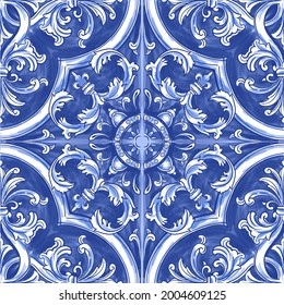 Azulejos - Portuguese tiles blue watercolor pattern. Traditional tribal ornament. Vector imitation of ceramics