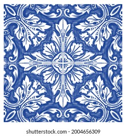 Azulejos - Portuguese tiles blue watercolor pattern. Traditional tribal ornament. Capri Maiolica