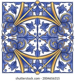 Azulejos - Portuguese tiles blue watercolor pattern. Traditional tribal ornament. Capri Maiolica