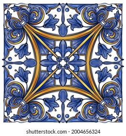 Azulejos - Portuguese tiles blue watercolor pattern. Traditional tribal ornament. Capri Maiolica