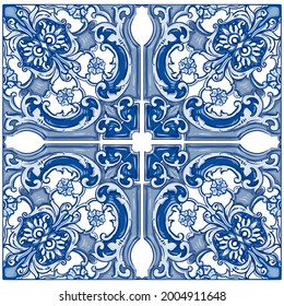 Azulejos - Portuguese tiles blue watercolor pattern. Traditional tribal ornament. Capri Maiolica