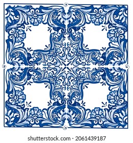 Azulejos - Portuguese tiles blue watercolor pattern. Traditional tribal ornament. Capri Maiolica. Delft Blue and White