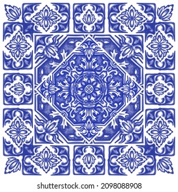 Azulejos - Portuguese tiles blue watercolor pattern. Traditional tribal ornament. Capri Maiolica