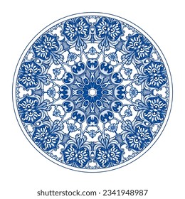 Azulejos - Portuguese tiles blue watercolor pattern. Traditional tribal ornament. Capri Maiolica