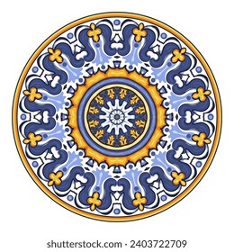 Azulejos - Portuguese tiles blue watercolor pattern. Traditional tribal ornament. Round plate. Capri Maiolica