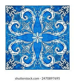 Azulejos - Portuguese tiles blue watercolor pattern. Traditional tribal ornament. Capri Maiolica. Baroque style. 