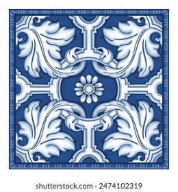 Azulejos - Portuguese tiles blue watercolor pattern. Traditional tribal ornament. Vector imitation of ceramics