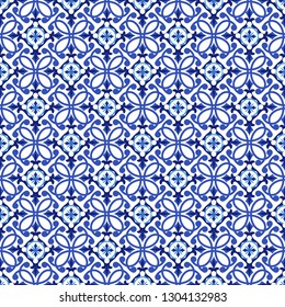 Azulejos portuguese traditional ornamental tile, blue and white pattern. Vector illustration