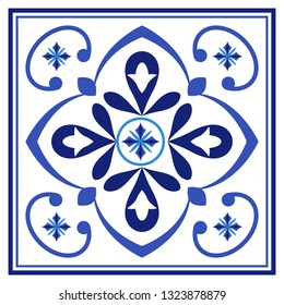 Azulejos portuguese traditional ornamental tile, blue and white pattern. Vector illustration