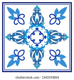 Azulejos portuguese traditional ornamental tile, blue and white pattern. Vector illustration