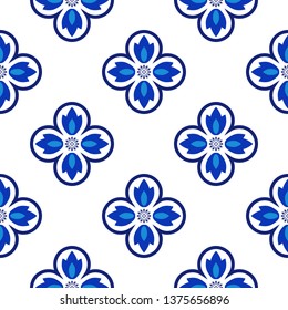 Azulejos portuguese traditional ornamental tile, blue and white pattern. Vector illustration