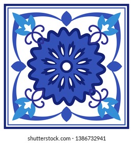 Azulejos portuguese traditional ornamental tile, blue and white pattern. Vector illustration