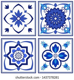 Azulejos portuguese traditional ornamental tile, blue and white pattern. Vector illustration