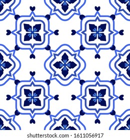 Azulejos portuguese traditional ornamental tile, blue and white seamless pattern. Vector illustration