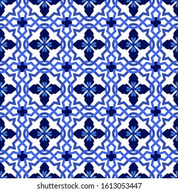 Azulejos portuguese traditional ornamental tile, blue and white seamless pattern. Vector illustration
