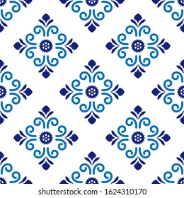Azulejos portuguese traditional ornamental tile, blue and white seamless pattern. Vector illustration