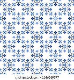 Azulejos portuguese traditional ornamental tile, blue and white seamless pattern. Vector illustration