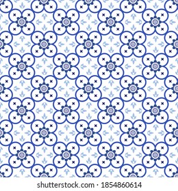 Azulejos portuguese traditional ornamental tile, blue and white seamless pattern. Vector illustration