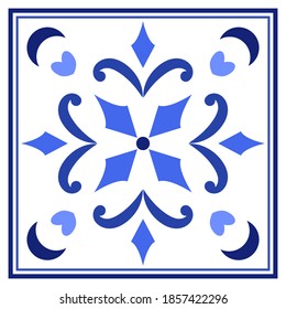 Azulejos portuguese traditional ornamental tile, blue and white pattern. Vector illustration
