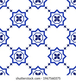 Azulejos portuguese traditional ornamental tile, blue and white seamless pattern. Vector illustration