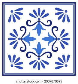 Azulejos portuguese traditional ornamental tile, blue and white pattern. Vector illustration