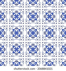 Azulejos portuguese traditional ornamental tile, blue and white seamless pattern. Vector illustration