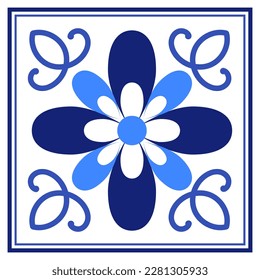 Azulejos portuguese traditional ornamental tile, blue and white pattern. Vector illustration
