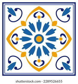 Azulejos portuguese traditional ornamental tile, blue and white pattern. Vector illustration