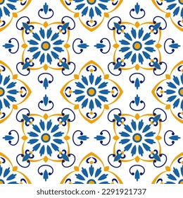 Azulejos portuguese traditional ornamental tile, blue and white seamless pattern. Vector illustration